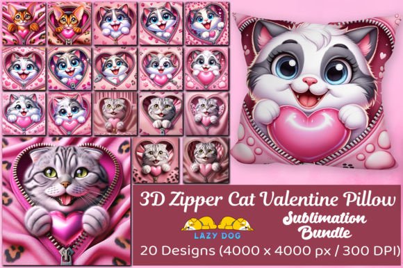 3D Zipper Kawaii Cat Valentine Pillow Bundle: A Creative Asset for Designers