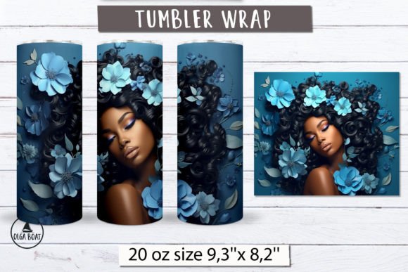 Black Woman Tumbler 3D Blue Flower Design for 20 oz Skinny Tumbler Wrap