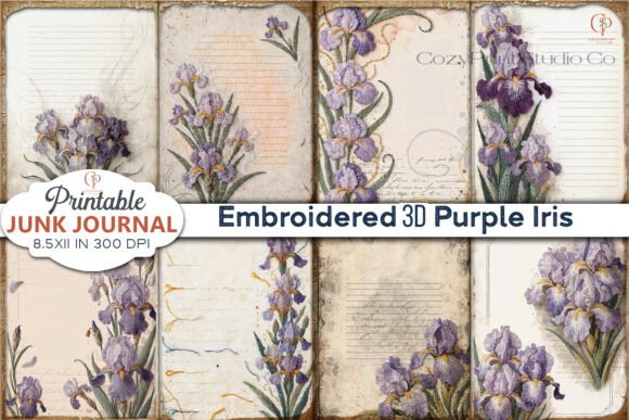 Embroidered 3D Purple Iris Junk Journal